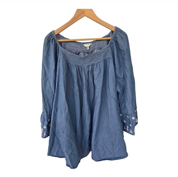 Terra Sky Chambray Blouse 2X Plus Blue Off-Shoulder Women FlareSleeve Embroidery - Picture 1 of 11